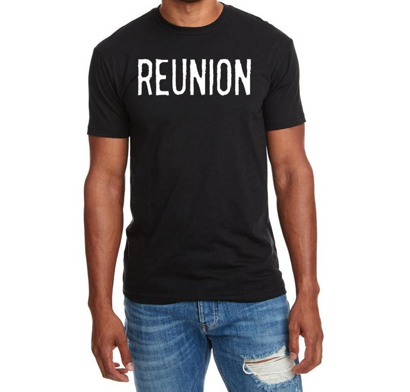 Black REUNION shirt with white logo